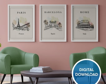 Affiches de voyage européennes minimalistes | Imprimable | Décor de voyage | Art mural de voyage | Impressions Tavel | Téléchargement numérique | Paris Barcelone Rome