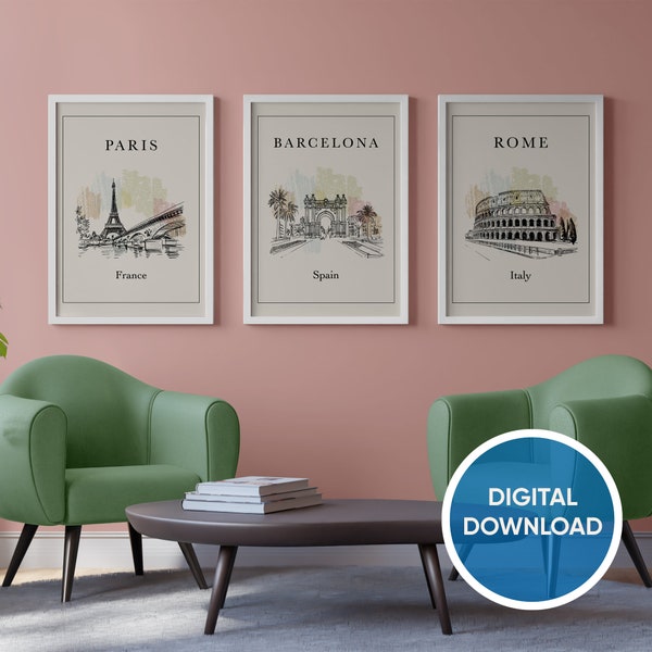 Minimalist European Travel Posters | Printable | Travel Decor | Travel Wall Art | Tavel Prints | Digital Download | Paris Barcelona Rome