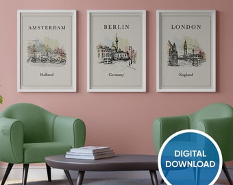 Affiches de voyage européennes minimalistes | Imprimable | Décor de voyage | Art mural de voyage | Impressions Tavel | Téléchargement numérique | Amsterdam Berlin Londres