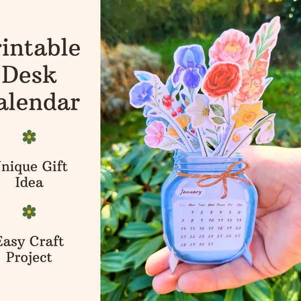 Desk Calendar Printable, 2024 Flower Calendar, Floral Desktop Calendar Gift, Monthly Calendar for Home and Office, Instant Download PDF