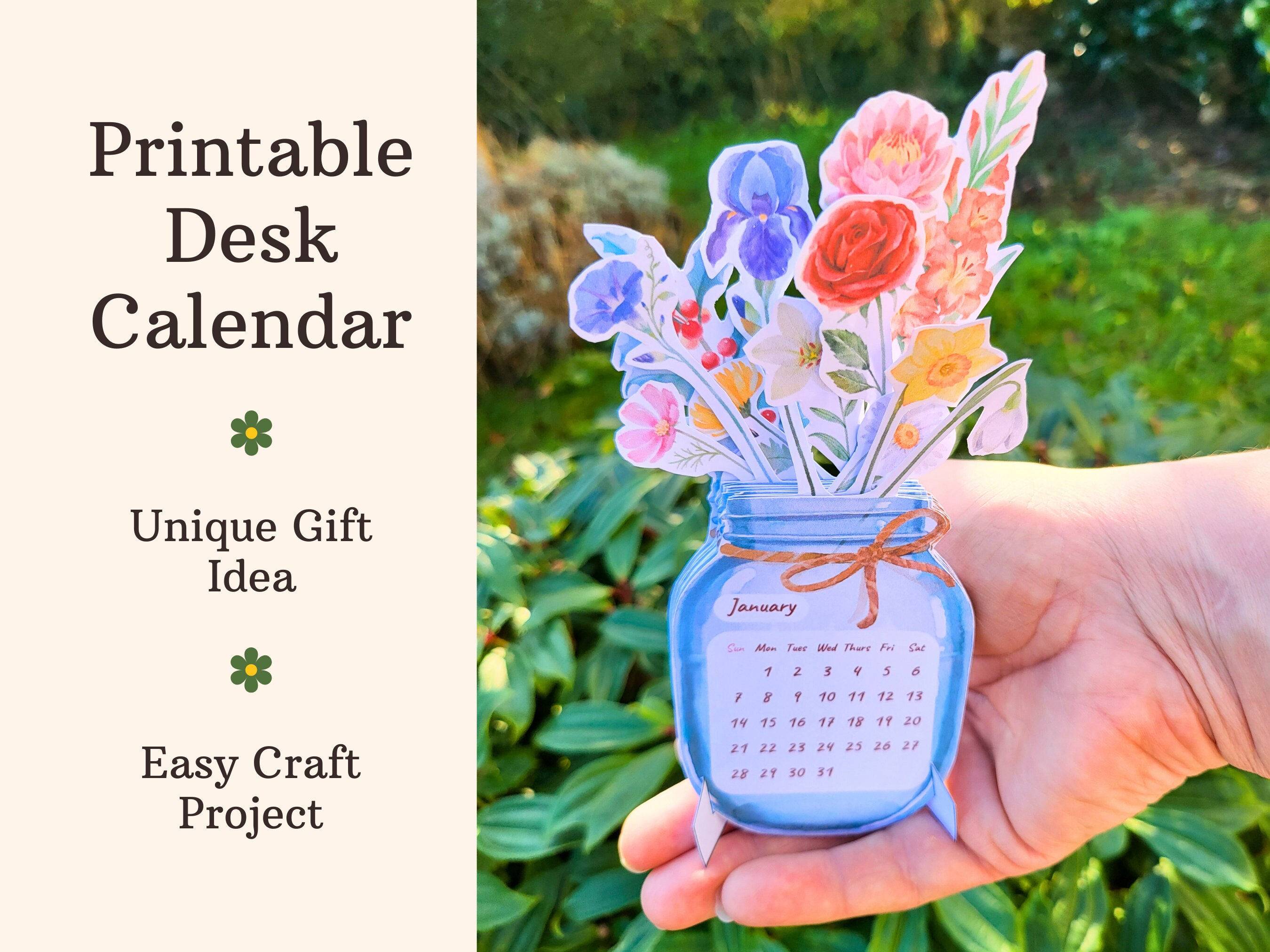 Desk Calendar Printable, 2025 Flower Calendar, Floral Desktop Calendar