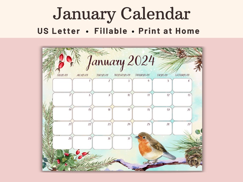 Fillable January 2025 Calendar Printable, Boho Winter Calendar