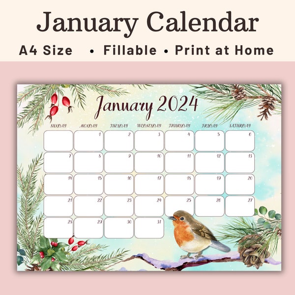 Fillable January 2024 Calendar Printable, Boho Winter Calendar, Editable Planner for Home, School, Work and Office, Instant Download PDF A4
