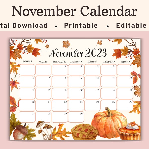 Editable November 2023 Calendar, Fall Leaves, Autumn Printable Editable Calendar Planner for Home, Work and Office, Instant Download