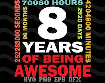 8th Birthday SVG 8 Years Of Being Awesome Happy Birthday Design Silhouette SVG PNG Cutting File Cricut Digital Download