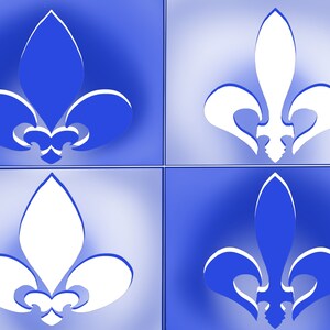 Peut inclure: Quatre fleurs de lys stylisées, deux bleues et deux blanches, disposées en quadrillage sur un fond bleu.