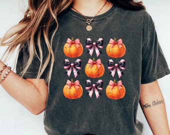 Comfort Colors Halloween T-Shirt, Retro Pumpkin Bow Tee