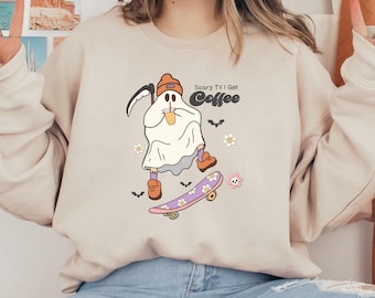 Scary Til I Get Coffee Halloween T-Shirt, Funny Ghost Design