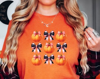 Coquette Halloween T-Shirt, Pumpkin Bow Retro Fall Tee