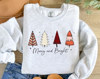 Merry & Bright Christmas Trees Sweatshirt, Holiday Sweater