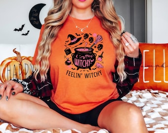 Vintage Witch Halloween Sweatshirt, Feelin' Witchy Girly Sweater