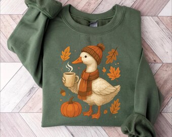 Trendy Fall Duck Sweatshirt, Autumn Coffee Shirt