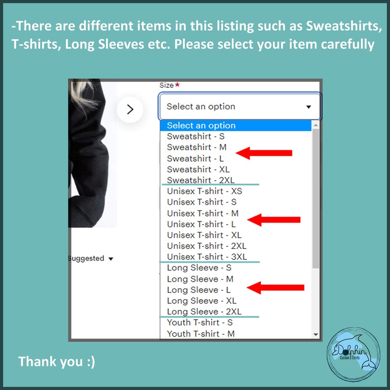 May include: A dropdown menu with options for different clothing sizes, including sweatshirts, t-shirts, and long sleeves. The options include sizes XS, S, M, L, XL, 2XL, and 3XL. The text "Select an option" is displayed at the top of the menu.