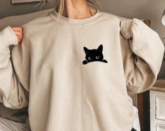 Black Cat Peeking Sweatshirt, Funny Cat Lover Gift