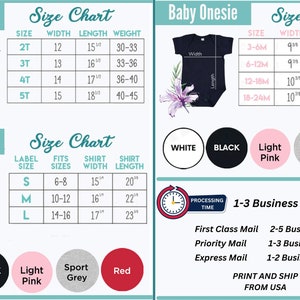 May include: Size chart for toddler, youth, and baby onesie t-shirts. The chart shows the size, width, length, and weight for each garment. The chart also includes a color guide for white, black, light pink, sport grey, and red.