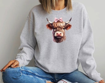 Highland Cow Sweatshirt, Heifer with Bow, Western Style