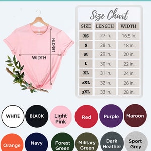May include: Unisex T-shirt size chart with measurements in inches. The chart shows the length and width of the shirt in different sizes, from XS to 3XL. The chart is displayed on a white background with a pink T-shirt image.