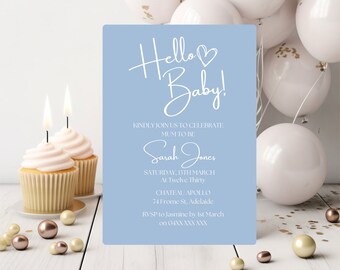 Invitación para baby shower azul "Hola Bebé" / DESCARGA INSTANTÁNEA / Baby shower bohemio moderno / Invitación digital minimalista azul / LSC013