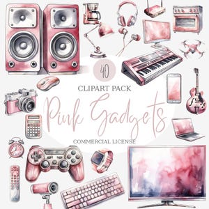 Pink gadgets clipartpakket, digitale download, technisch esthetische stickers, vrouwelijke elektronica, laptoptelefoon tabletpictogrammen, png-bundelset