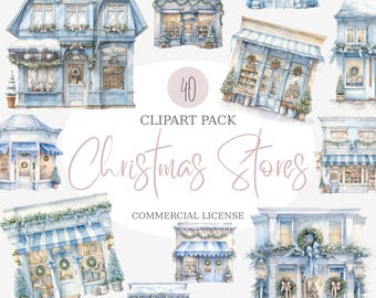 Pacote de clipart de vitrine de Natal, download digital, vitrines festivas, vitrines festivas, cenas de rua natalinas, decoração de inverno