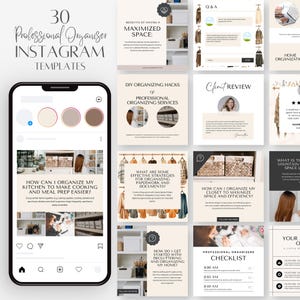 Könnte beinhalten: Eine Sammlung von 30 Instagram-Vorlagen für professionelle Organisatoren. Die Vorlagen behandeln verschiedene Themen rund um die Organisation des Zuhauses, darunter die Maximierung von Platz, Organisationstipps, Kundenbewertungen und Checklisten. Die Vorlagen sind in einem minimalistischen Stil mit einer neutralen Farbpalette gestaltet.