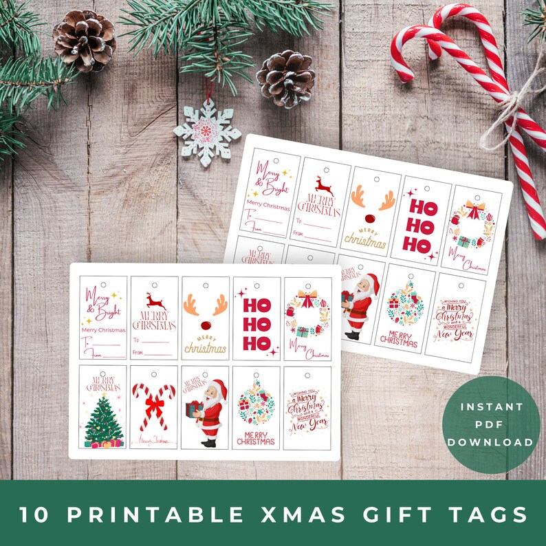 Printable Christmas Gift Tags Set, INSTANT DOWNLOAD, 4.7 X 8.3 Cm Xmas Gift Labels, 10 Holiday ...