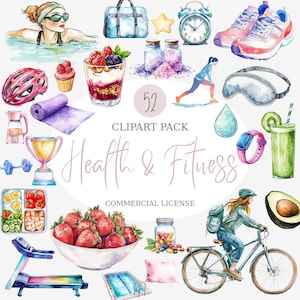 Pacchetto Clipart Salute e Fitness, Download Digitale, Grafica Benessere, Illustrazioni Esercizi, Adesivi Stile Di Vita Sano, Motivazione Fitness