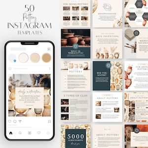 Puede incluir: Una colección de 50 plantillas de Instagram para negocios de cerámica. Las plantillas presentan una variedad de diseños, que incluyen imágenes de cerámica, texto y gráficos. Las plantillas están diseñadas para ayudar a los negocios de cerámica a promocionar sus productos y servicios en las redes sociales.
