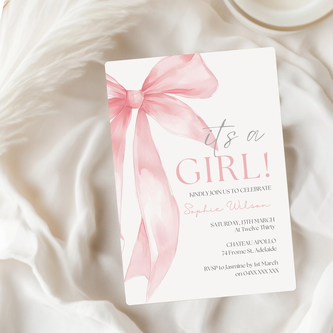 It’s A Girl Pink Watercolour Bow Baby Shower Invitation Editable Baby ...
