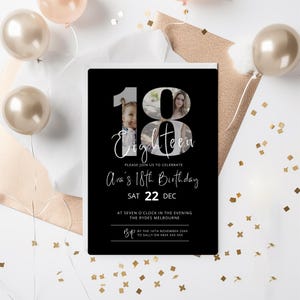 18th Birthday Invitation Template, Editable Black Minimalist Party Invite, Teen Girl Birthday, Digital Download, Printable Eighteen Design