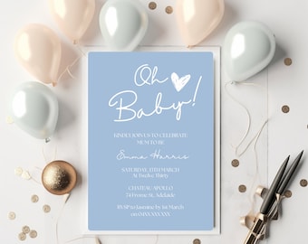Plantilla de invitación para baby shower "Oh Baby Blue" / Descarga instantánea / Invitación minimalista bohemia / Baby shower moderno / Azul polvoriento LSC013