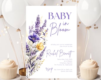 Baby in Bloom Floral Baby Shower Invitation, Instant Download, Lavender & Purple Wildflowers, Editable Template, Baby Shower Invite