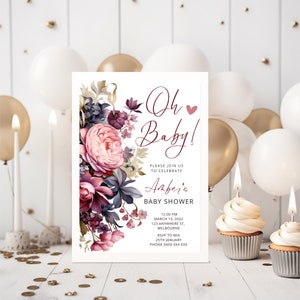 Modèle floral rose d&#39;invitation de baby shower | Téléchargement immédiat, Célébration florale de bébé, Invitation personnalisable de fleurs roses, Décoration pour baby shower