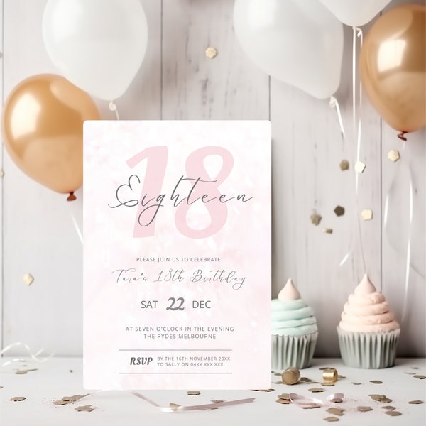 Simple 18th Birthday Party Invitation Template, INSTANT DOWNLOAD, Modern Minimalist Eighteenth Birthday, Pink Marble Printable Invite LSC031