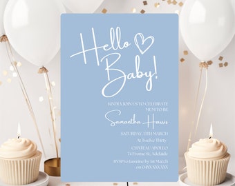Plantilla de invitación para baby shower azul de Hello Baby / DESCARGA INSTANTÁNEA / Invitación minimalista bohemia / Baby shower moderno / Bebé minimalista azul