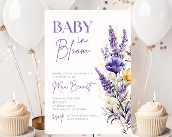 Baby in Bloom Floral Baby Shower Invitation, Instant Download, Purple Lavender Wildflowers, Editable Template, Baby Shower Invite Template