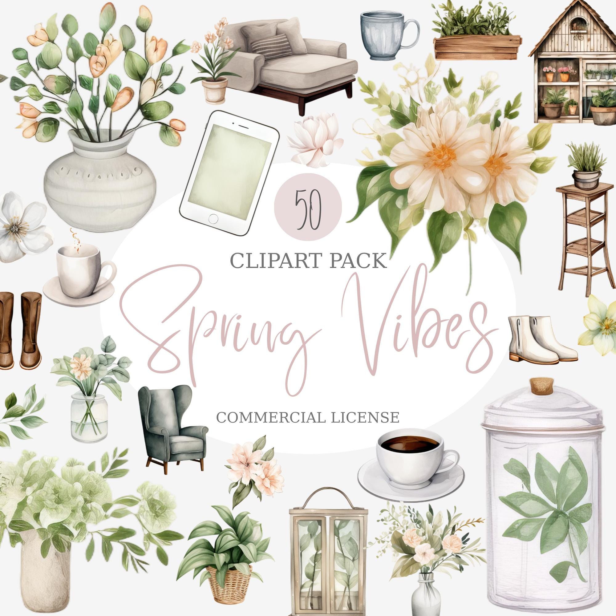Spring Vipes Spring Vibes Clipart Bundle, Pastel Floral Digital Stickers for ...