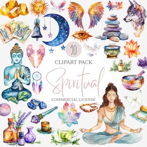 Pack de cliparts spirituel, téléchargement numérique, illustrations de méditation, graphiques de yoga, autocollants calmes et paisibles, bien-être spirituel PNG
