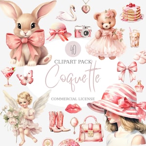 Coquette Clipart Pack, Digital Download, Aesthetic Bow Art, Pink Coquette Digital Stickers, Vintage Feminine Graphics, Glam Planner Clipart