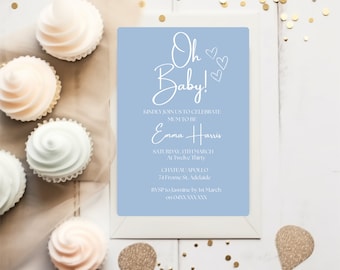 Oh Baby Blue Baby Shower Invitation Template | INSTANT DOWNLOAD | Modern Baby Shower | Boho Minimalist Invite | Blue Minimalist Baby