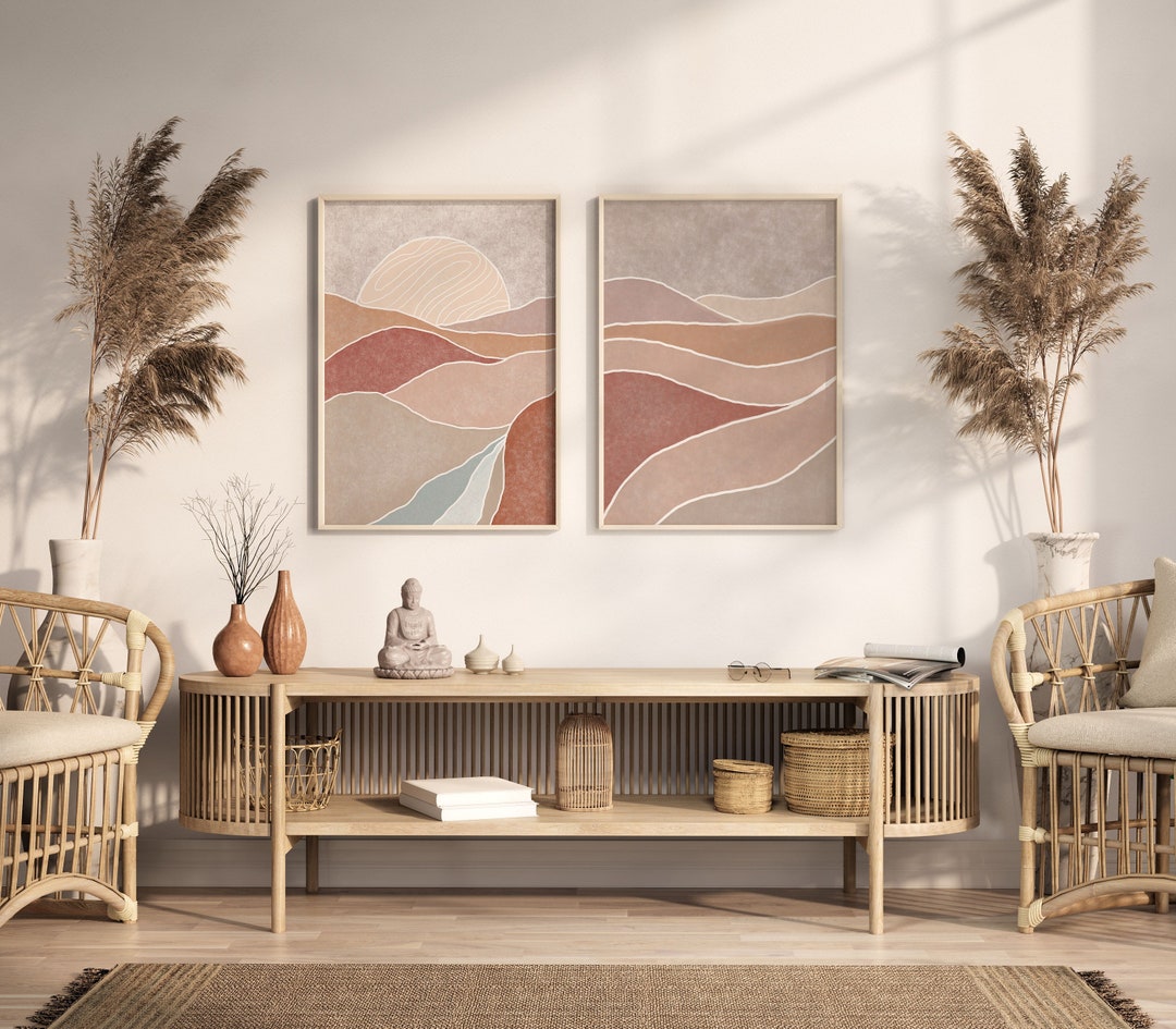 Abstract Boho Landscape Diptych Art Print Set Muted Pastel Terracota