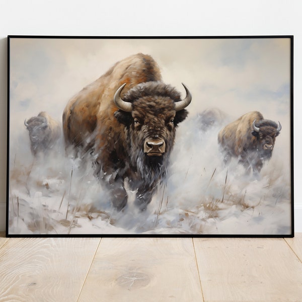 Snowy Winter Bison Painting Print | Rustic American Buffalo Wall Art | Heard of Bison Winter Animal Art | PRINTABLE Digital Download WB01