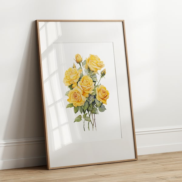 Yellow Rose Bouquet Watercolor Flower Print | Minimalistic Yellow Flowers Painting | Vintage Flower Art | PRINTABLE Digital Download | YR1