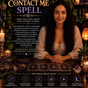 Op de afbeelding: Een digitale afbeelding met de tekst CONTACT ME SPELL, waarop een persoon achter een houten tafel met vier tarotkaarten zit. De afbeelding bevat beschrijvende tekst over energie, communicatie en een lijst met voordelen zoals open communicatie.