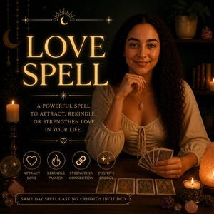 Può includere: Un'immagine che promuove un servizio di incantesimi d'amore. Il testo recita "LOVE SPELL" con testo aggiuntivo sull'attrazione, il riaccendere o il rafforzare l'amore. Una donna tiene in mano delle carte dei tarocchi. L'immagine include candele, cristalli e altri elementi mistici.