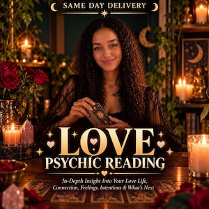 Op de afbeelding: Een set tarotkaarten vastgehouden door een persoon in een zwart kanten topje, met de tekst SAME DAY DELIVERY, LOVE PSYCHIC READING en In-Depth Insight Into Your Love Life, Connection, Feelings, Intentions & What's Next, omringd door kaarsen en rozen.