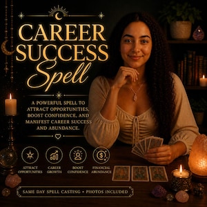Puede incluir: Imagen que promociona un hechizo de éxito profesional. El texto dice "CAREER SUCCESS Spell" con detalles sobre la atracción de oportunidades, el aumento de la confianza y la manifestación de la abundancia. La imagen incluye una persona, cartas del tarot, velas y otros elementos místicos.