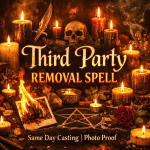 Puede incluir: Imagen de temática oscura y mística con velas encendidas, una calavera y un pentagrama. El texto dice "Third Party Removal Spell". También hay una foto en llamas y un cuchillo decorativo.