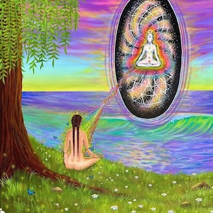 May include: A vibrant painting depicts a person meditating near a tree by the ocean. A colorful portal with a figure inside is connected to the person by a rainbow. The scene is set on a grassy hill with butterflies and flowers.