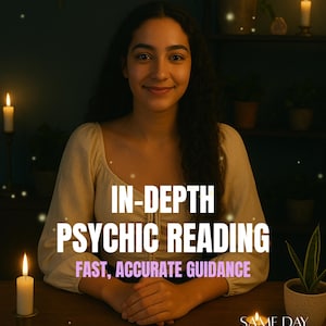 May include: A woman smiles in front of a table with tarot cards and lit candles. The text reads "IN-DEPTH PSYCHIC READING" and "FAST, ACCURATE GUIDANCE". The background is dark with decorative lights.